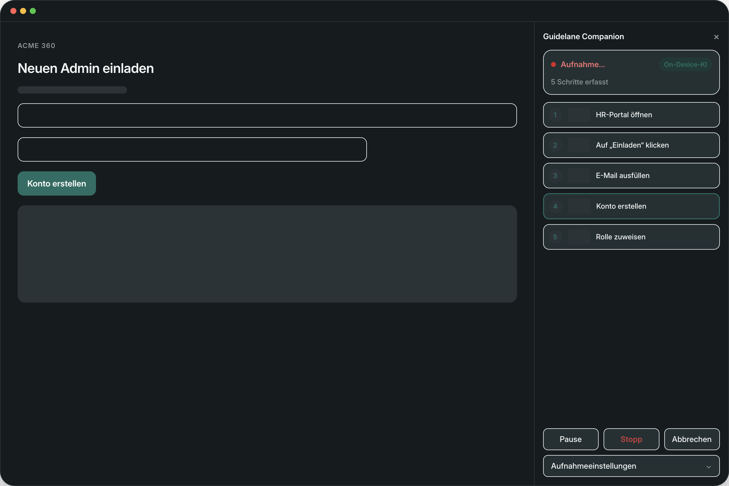Guidelane Companion erfasst einen Ablauf im Browser