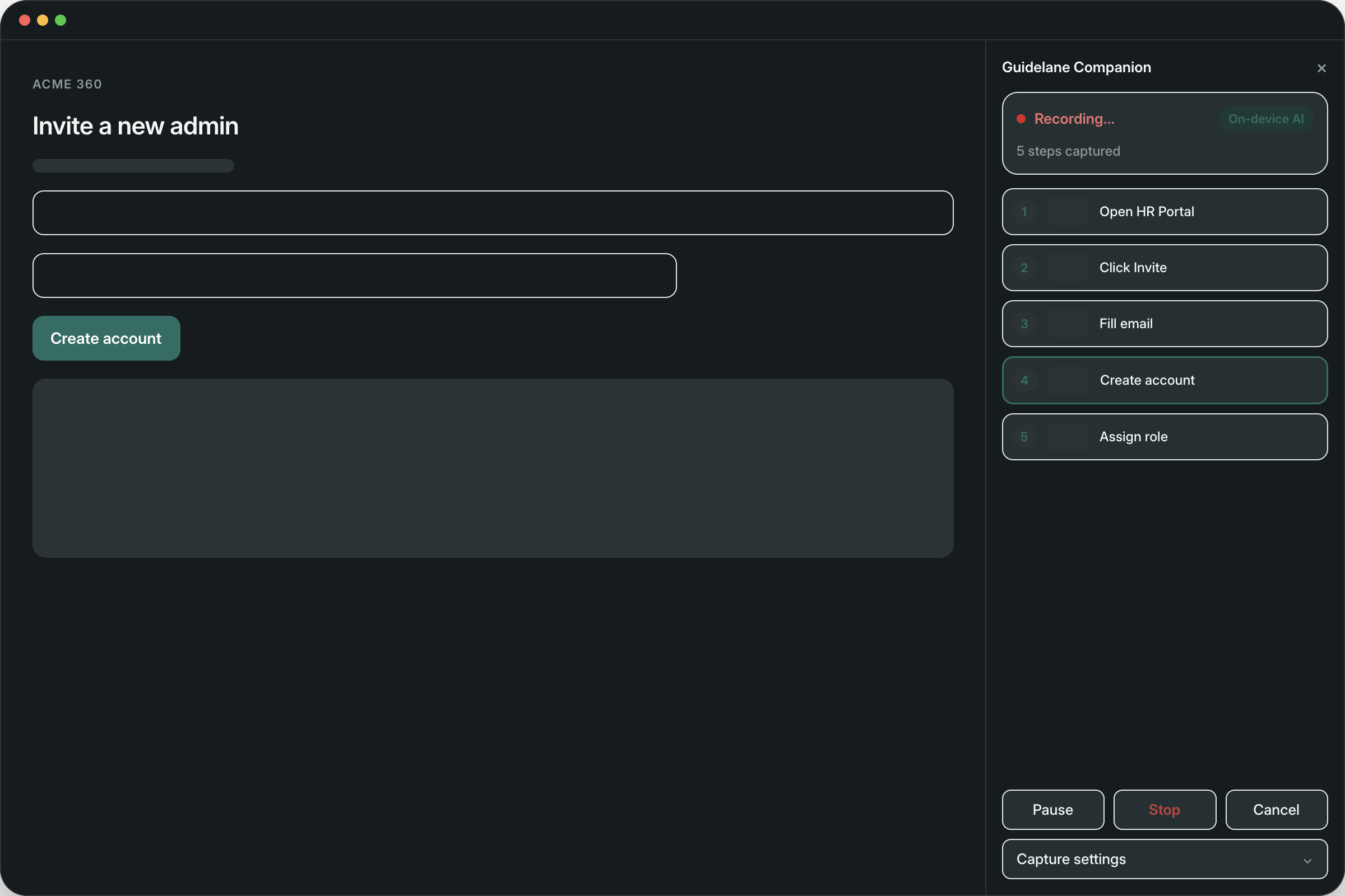 Guidelane Companion capturing a workflow in the browser