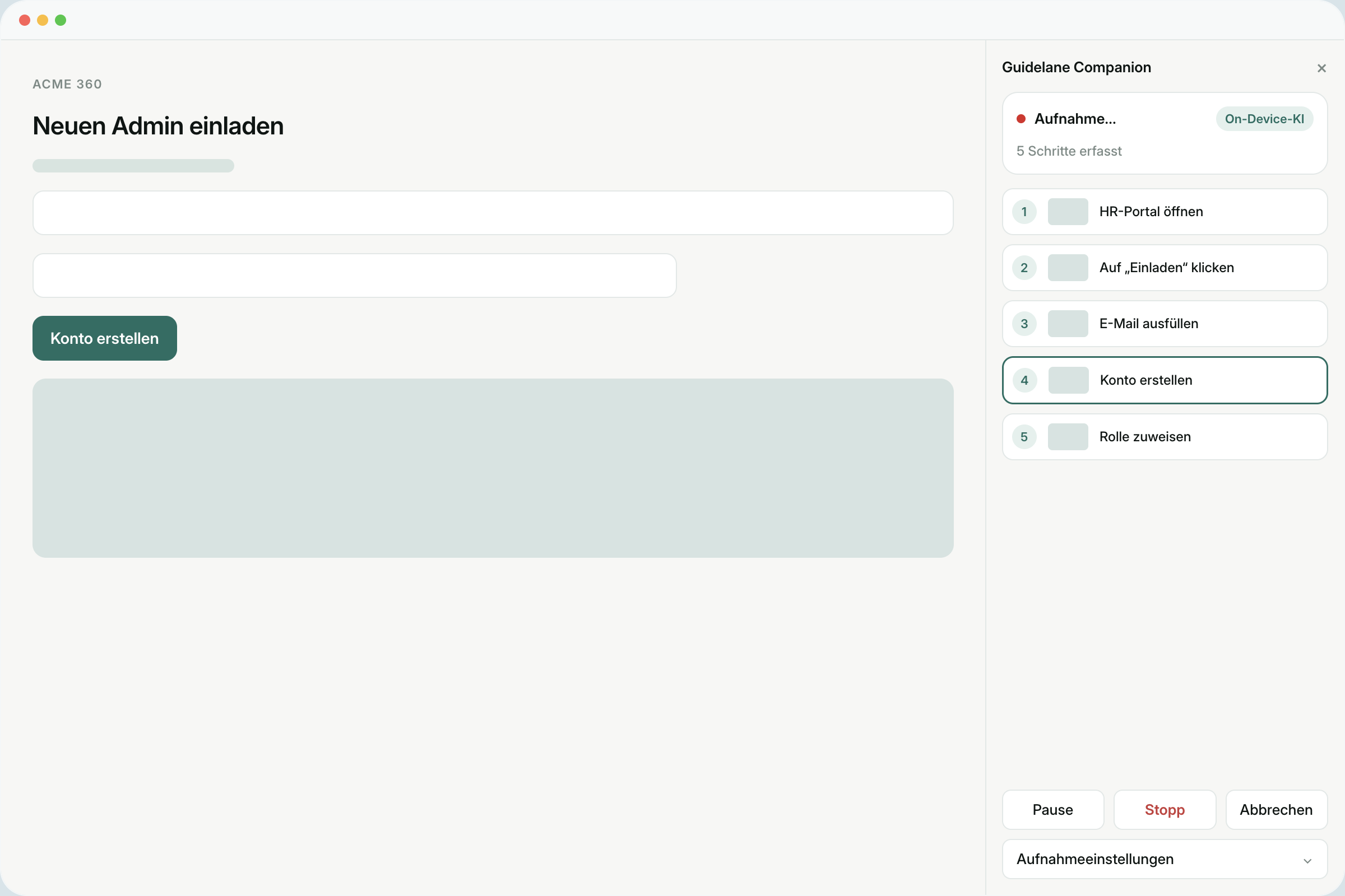 Guidelane Companion erfasst einen Ablauf im Browser