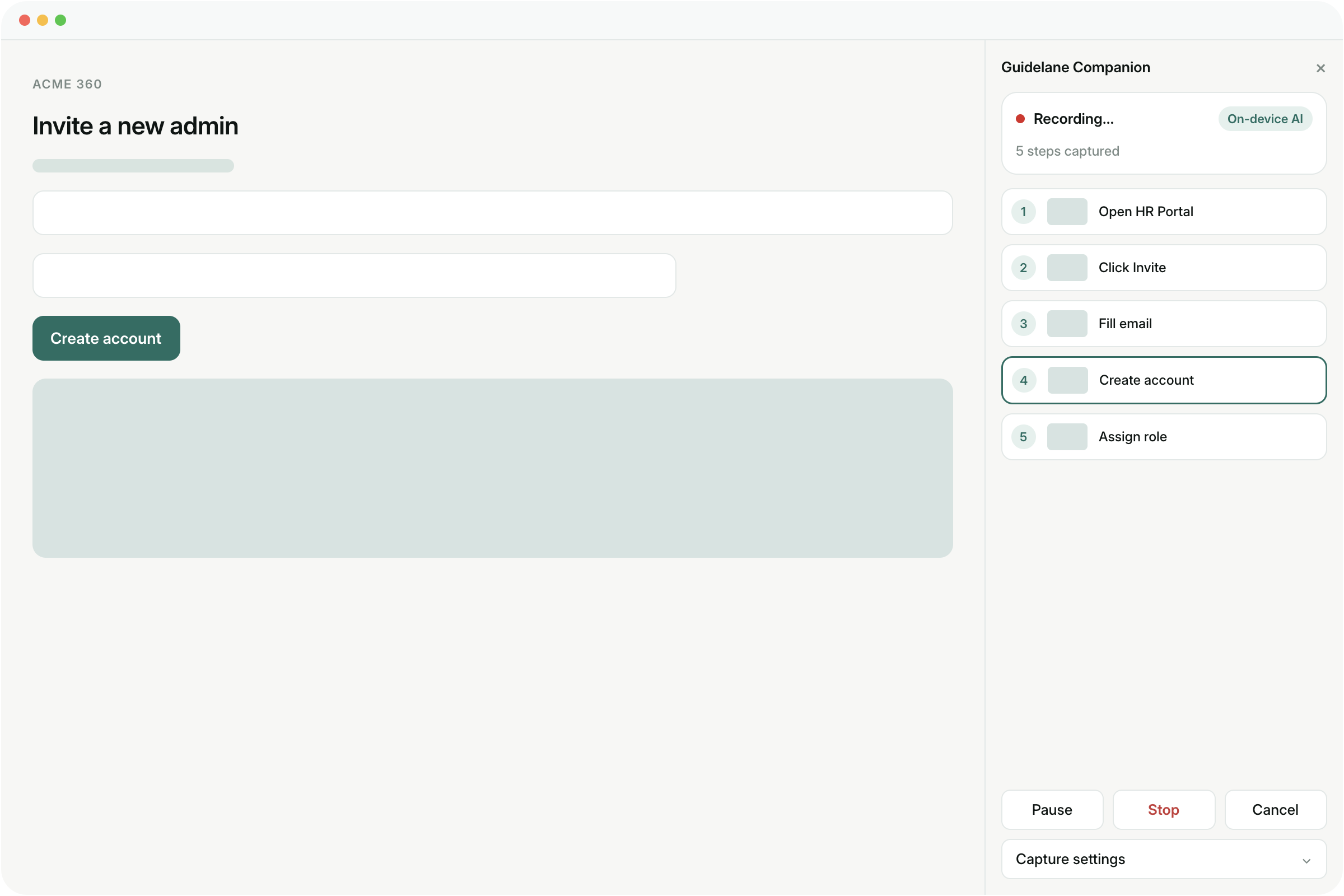 Guidelane Companion capturing a workflow in the browser