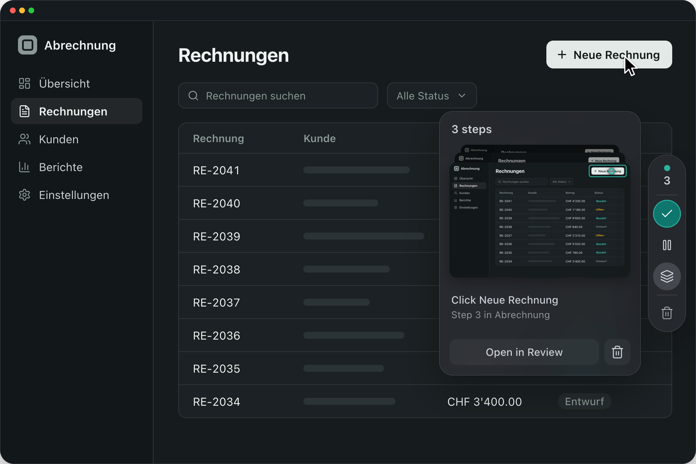 Guidelane Desktop zeichnet Schritte in einer Buchhaltungs-App auf