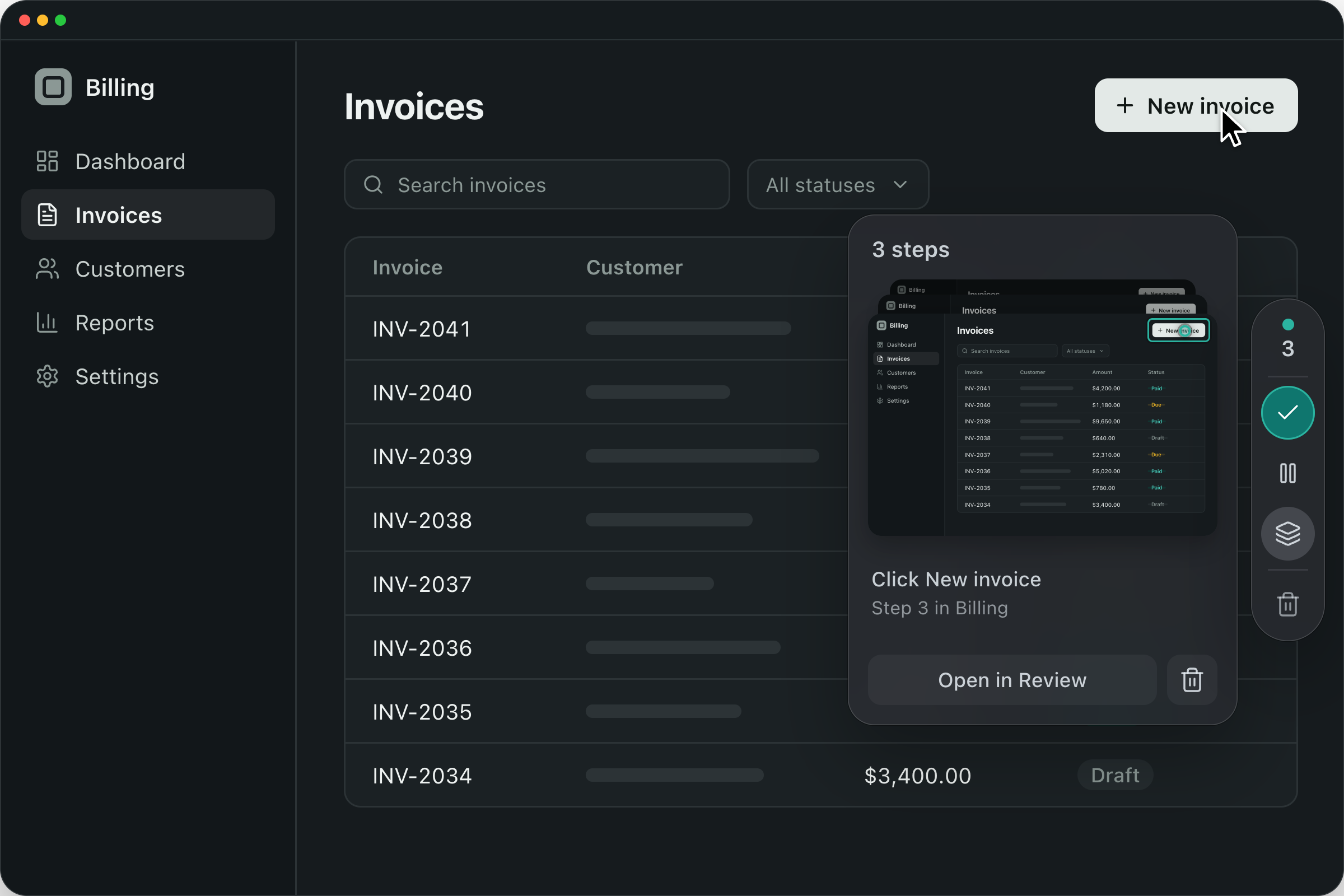 Guidelane Desktop recording steps in a billing app