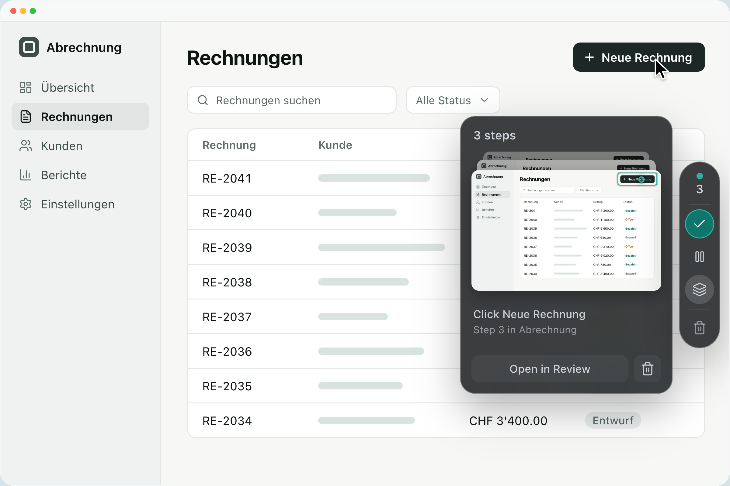 Guidelane Desktop zeichnet Schritte in einer Buchhaltungs-App auf