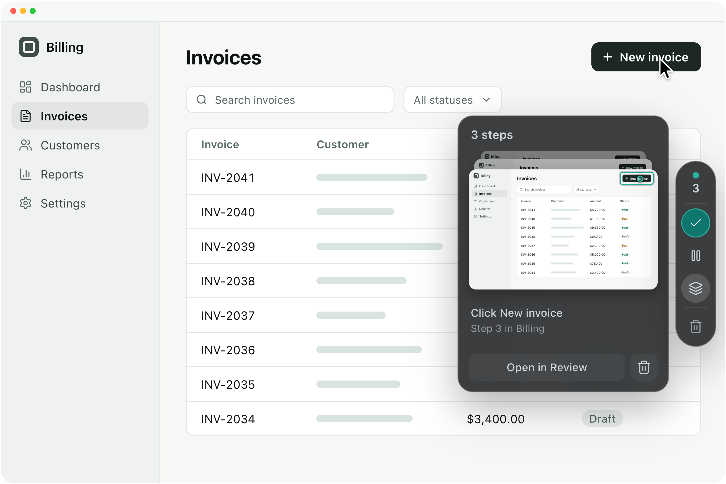 Guidelane Desktop recording steps in a billing app