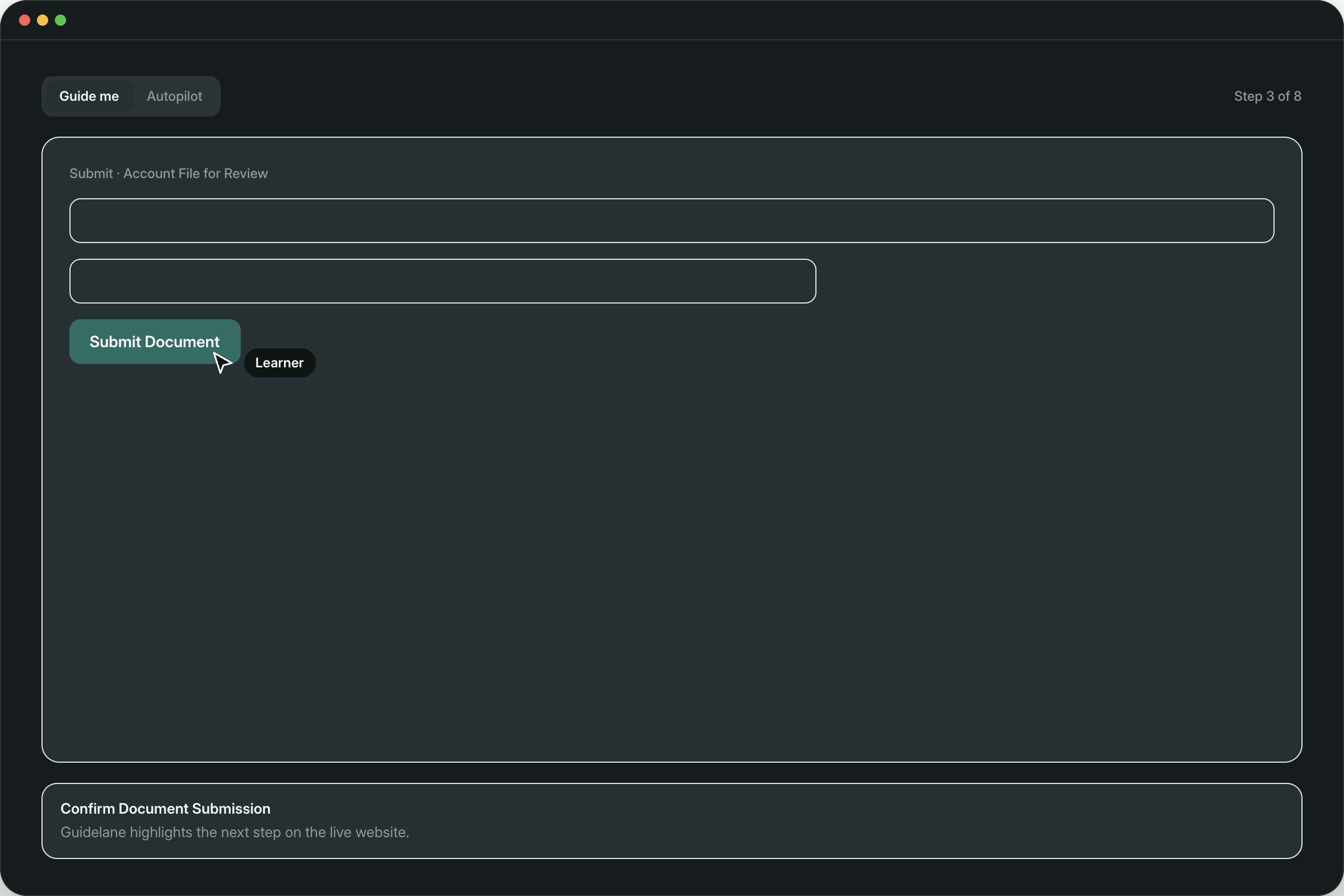 Guidelane highlighting the next step on a live website