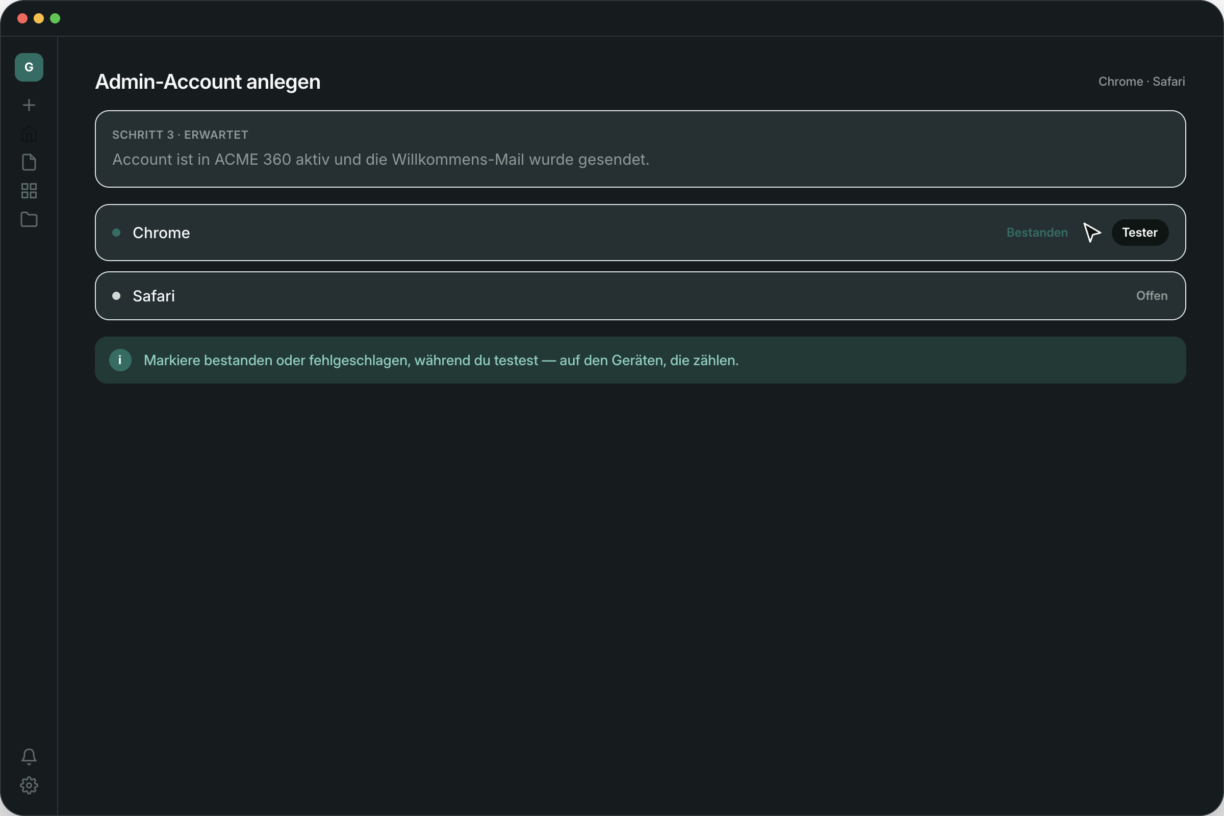 Guidelane QA-Test mit Bestanden- und Offen-Ergebnissen