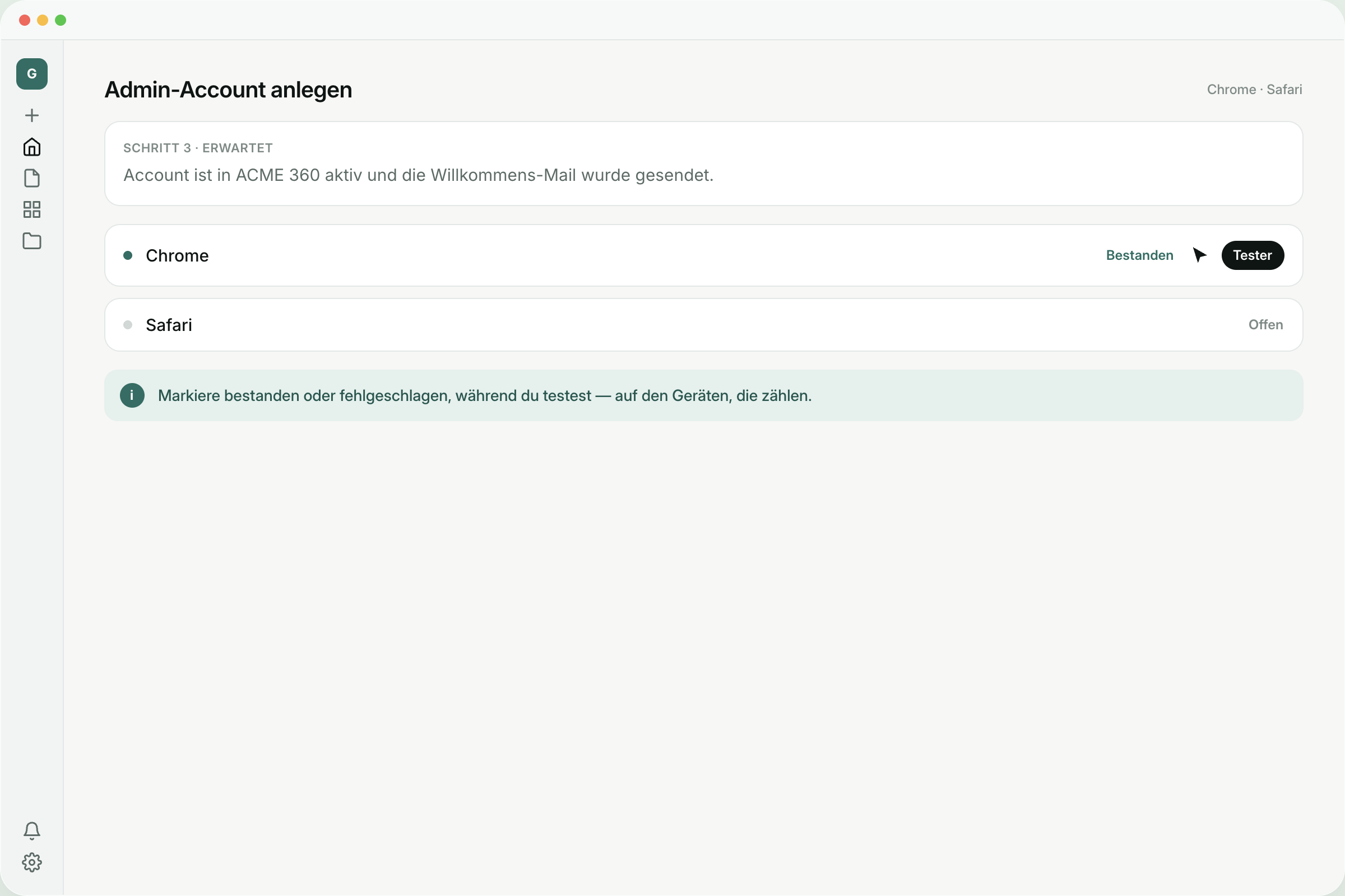 Guidelane QA-Test mit Bestanden- und Offen-Ergebnissen