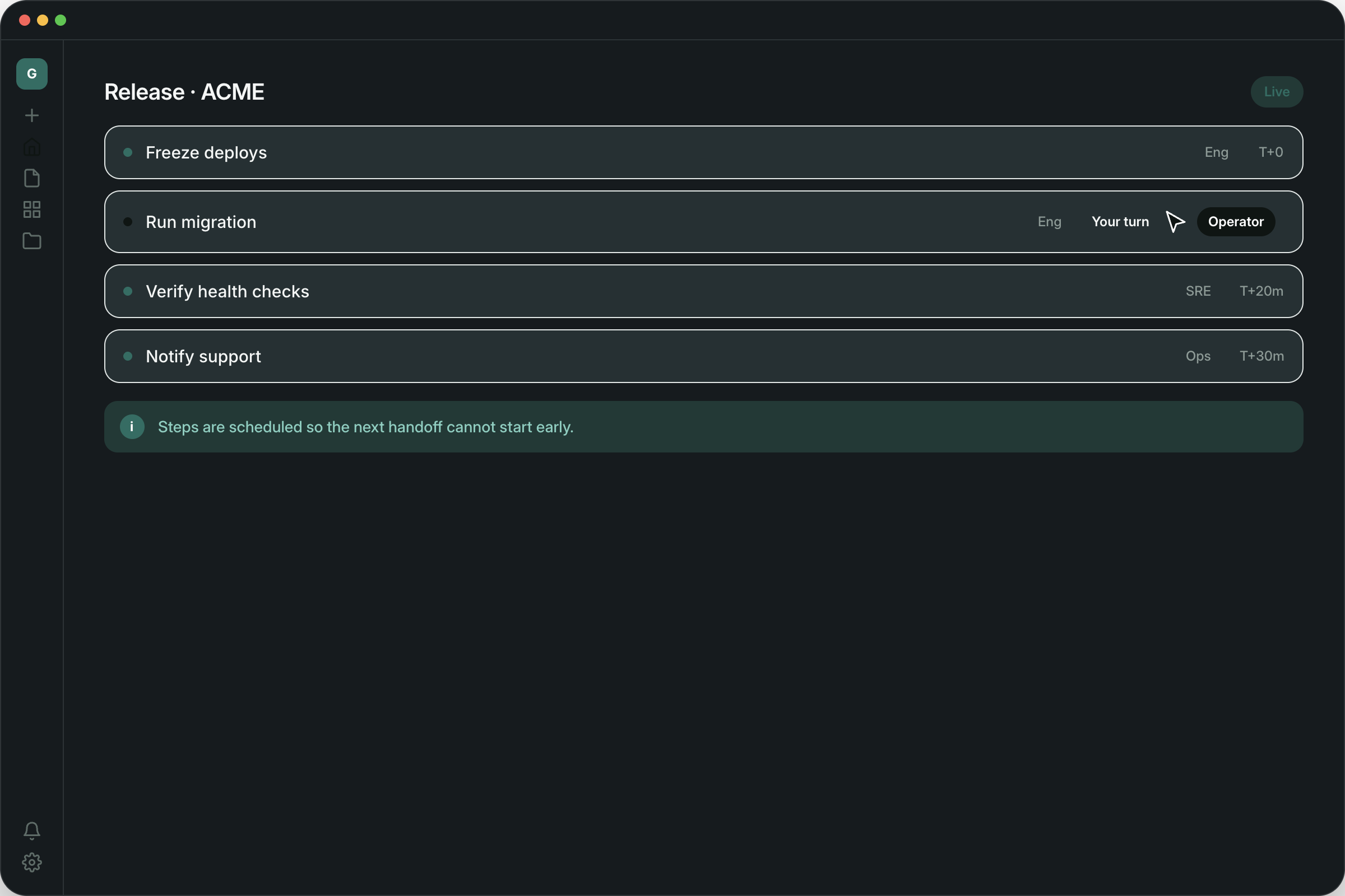 Guidelane timed runbook with scheduled handoffs