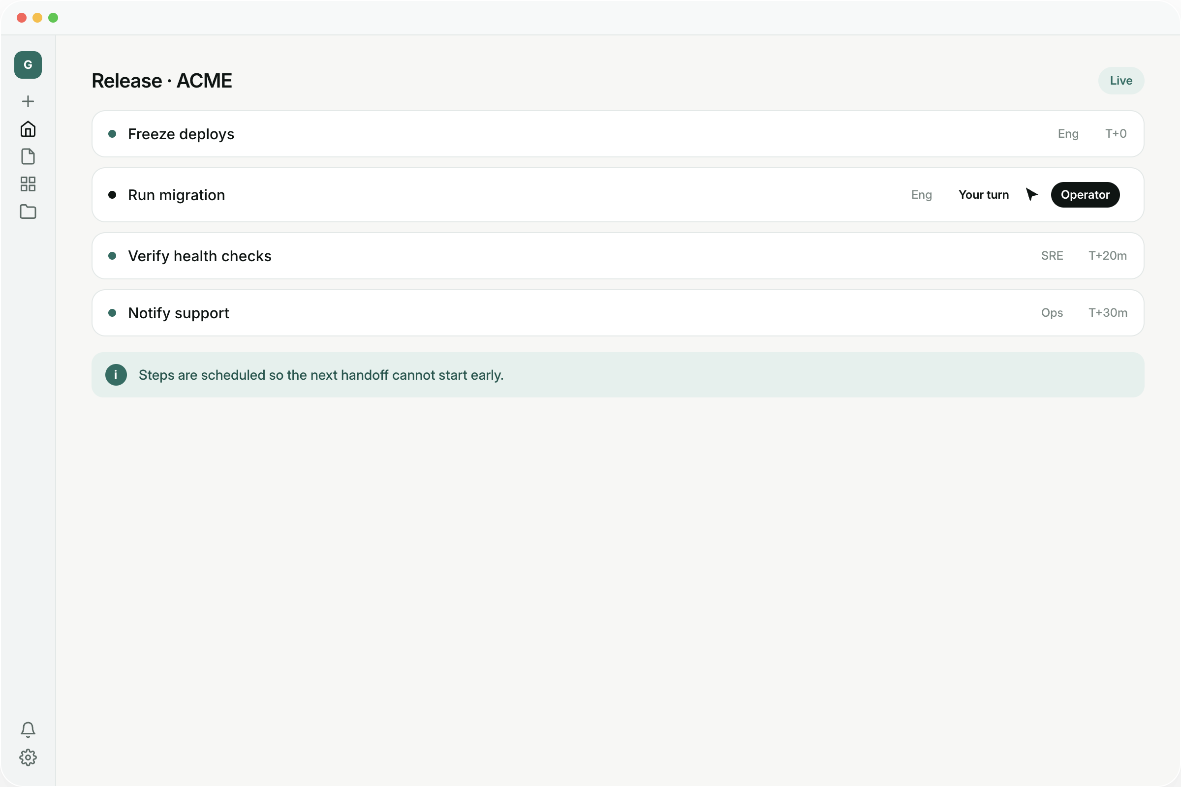 Guidelane timed runbook with scheduled handoffs